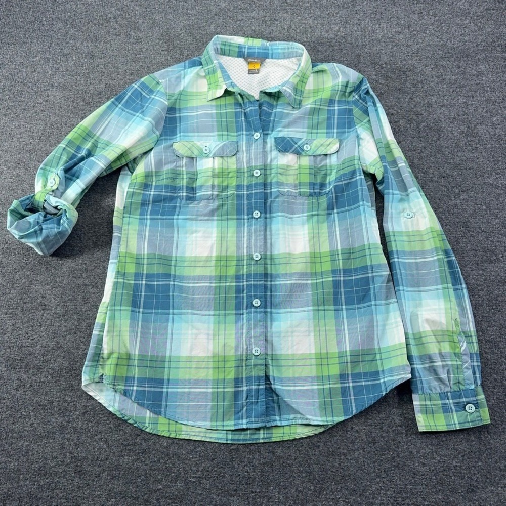 Eddie Bauer Travex Womens Small Green Blue Plaid Roll Tab Hiking Shirt